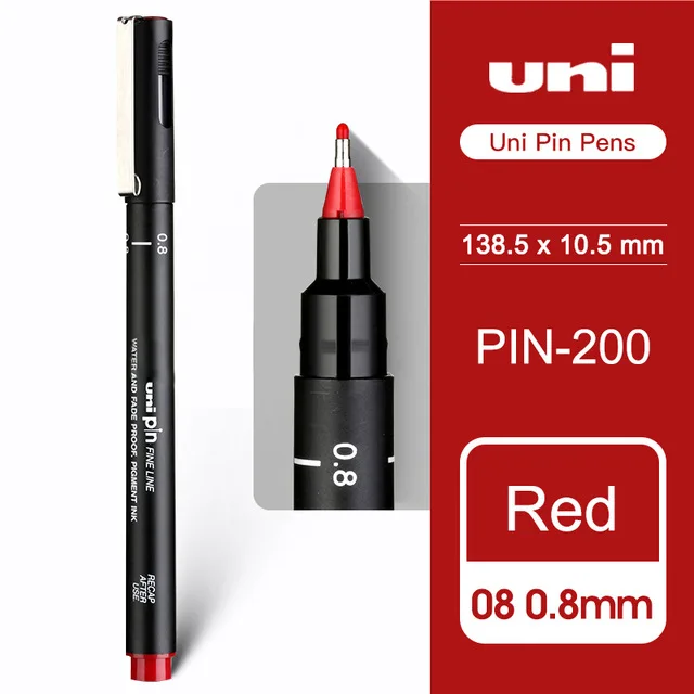 2 шт., ручка для рисования UNI, игла для рисования, для студентов, для рисования, крючок, ручка, штырь-200, водостойкая, для рисования, штрих, для рисования, дизайн линии, черная ручка - Цвет: 0.8mm red