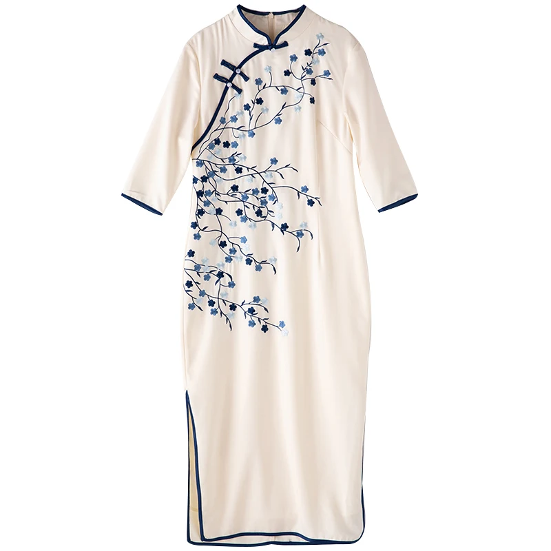 Китайский стиль вышивка цветок Cheongsam Qipao Половина рукава Винтаж Ретро Bodycon сексуальные вечерние платья осень длинное платье миди