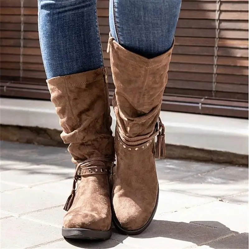 Женские ботинки до середины икры; chaussure boots; Винтажные ботинки-гладиаторы из искусственной кожи на низком каблуке; женская обувь; zapatos mujer sapato; H493