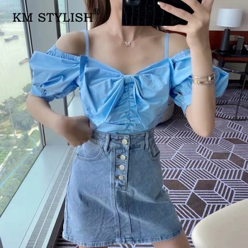 

New Women Solid Bow Puff-sleeve Casual Blouse Female Fashion Sexy Short-sleeve Tops Two Ways To Wear