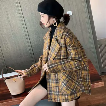 

Bella philosophy Plaid Woolen Coat Female 2019 Autumn Winter Loose Popular Korean Version of Retro Small Thickened Tweed Coat