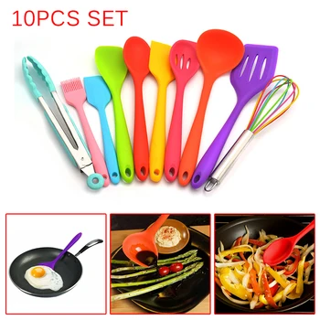 

10Pcs/set Cooking Kitchen Utensil Set Heat Resistant Silicone Soft Grip Non-stick Brush Spatula Tools