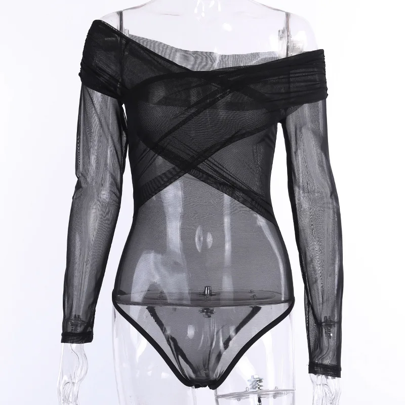 STAY TIDY Sexy Black Mesh Cross See Through Off Shoulder Bodysuits Autumn Winter Women Long Sleeve Slash Neck Party Club - Color: Black