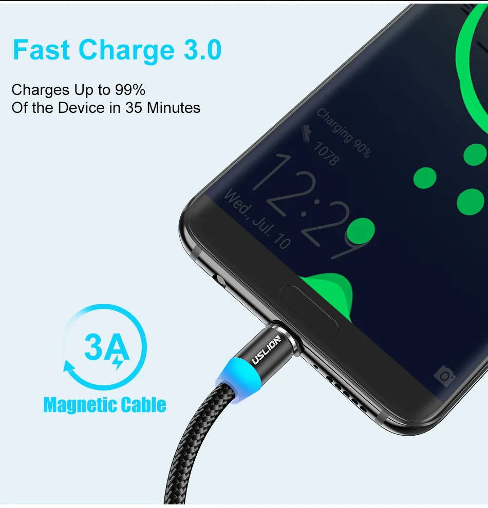 type of android charger USLION Magnetic Cable 3A Fast Charging Magnet Charger Micro USB Type C LED Cable For iPhone 11 12 Xiaomi Data Wire Cord Cable mobile phone cables