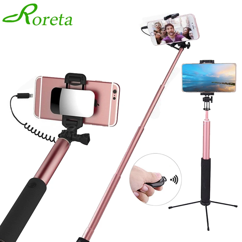

Roreta Metal Wired Selfie Stick Expandable Handheld Monopod Foldable Mini Tripod with Bluetooth Remote Control For Android IOS