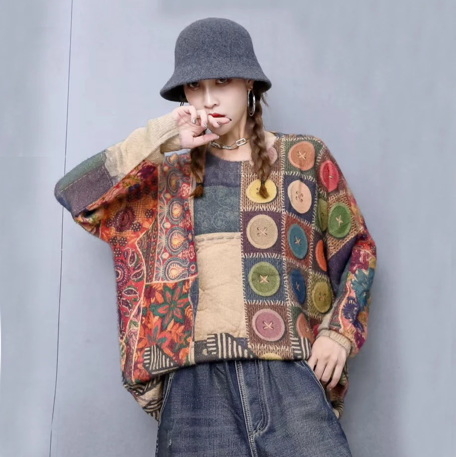 

Autumn Winter Oversize Mink Cashmere Sweater Pullovers Women Retro Print 2020 Female Casual Warm Fur Jumper Female All-match