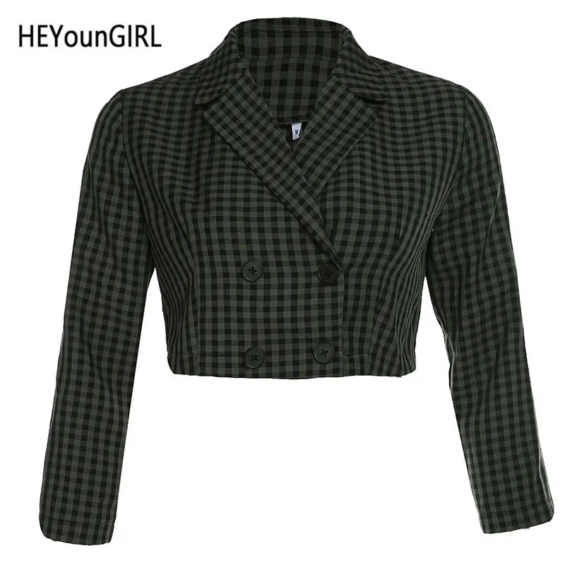 HEYounGIRL элегантные клетчатые укороченные брюки Детский комплект Куртка Harajuku Повседневное с длинным рукавом пальто Для женщин двубортное пальто уличный стиль, детская одежда, осенняя одежда - Цвет: Зеленый