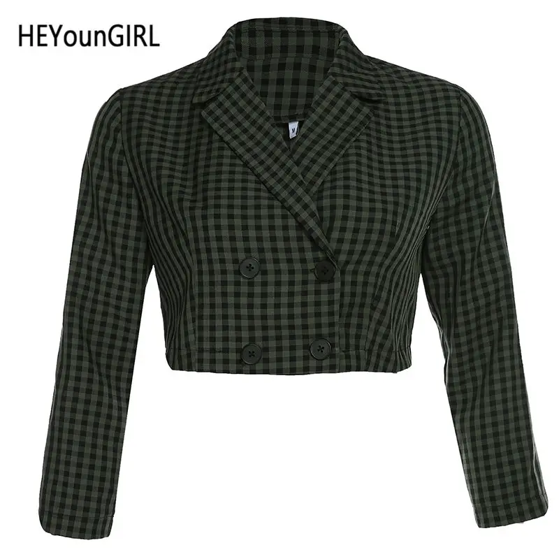 Зеленый HEYounGIRL элегантные клетчатые укороченные брюки Детский комплект Куртка Harajuku Повседневное с длинным рукавом пальто Для женщин двубортное пальто уличный стиль, детская одежда, осенняя одежда - Цвет: Зеленый