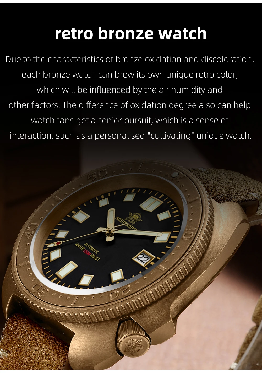 Addies Dive 2104 CUSN8 Men Bronze Watch Brown Leather Strap NH35 Automatic Watch Gold Polished Case 200m Diving Watches