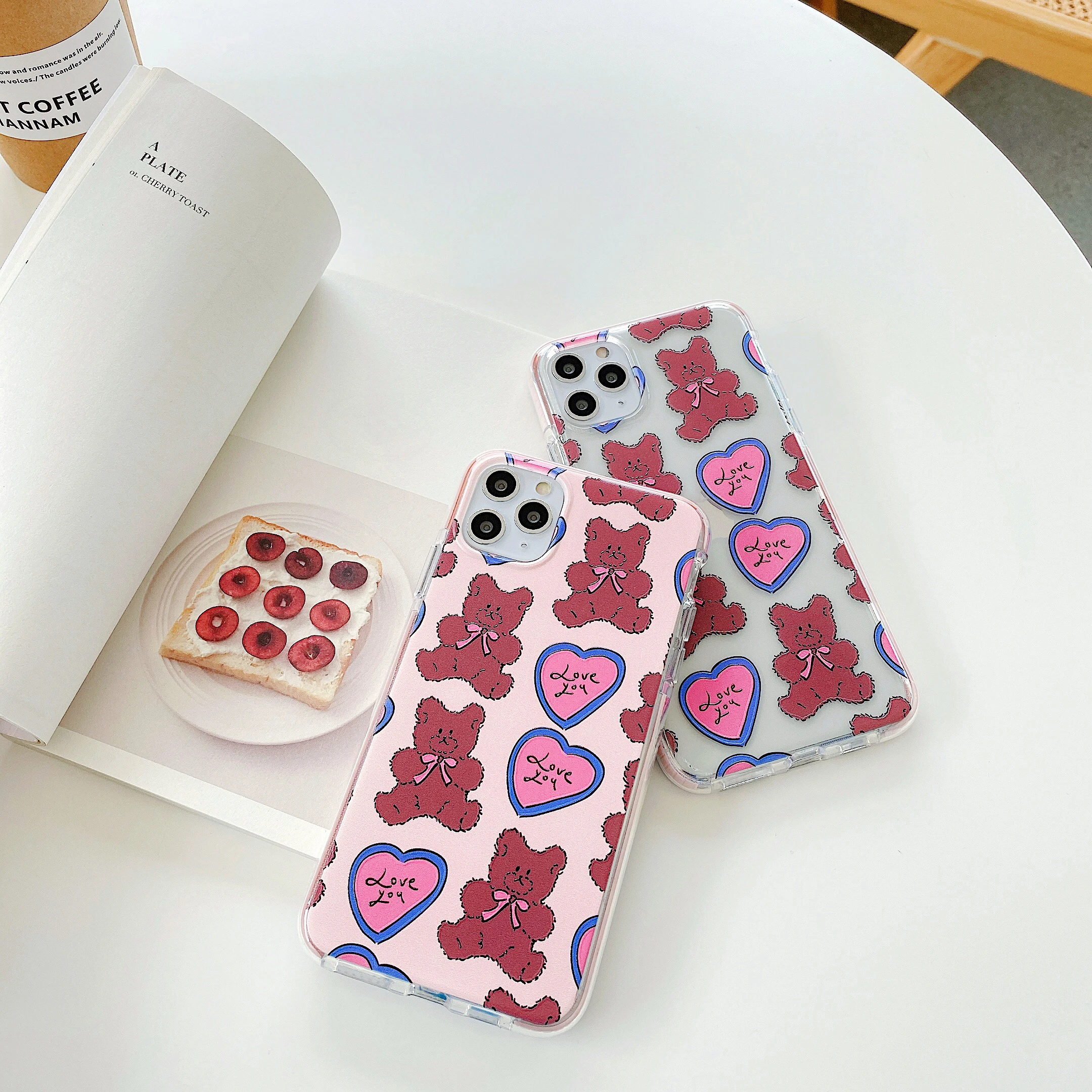 Cute Pink Holo Heart Clear Phone Case for iPhone 7 8 Plus 11 Pro Max xr xs x Lovey Bear Color Bumper Soft TPU Silicone Cover |