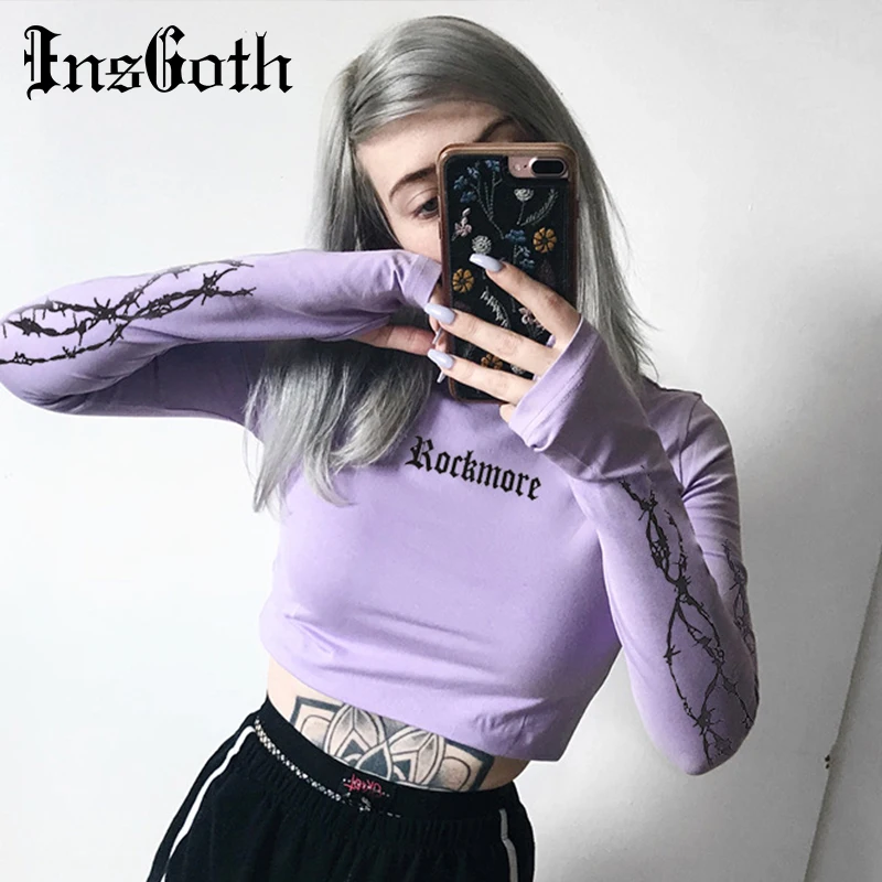 InsGoth повседневные облегающие Женские топы готический панк уличная с принтом фиолетовые Топы Harajuku Grunge Водолазка с длинным рукавом Женские топы