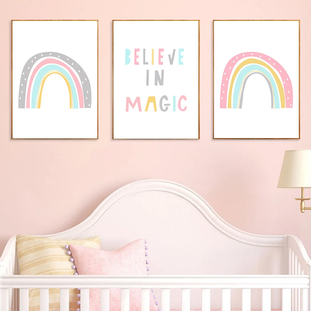 Colorful-Rainbow-Nursery-Canvas-Print-Poster-Believe-In-Magic-Quotes-Wall-Art-Posters-Pink-Wall-Painting (3)