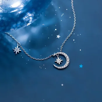 

100% Real 925 Sterling Silver Moon Zircon Pendant Neklaces Dainty Star Necklace for Women Birthday Gifts