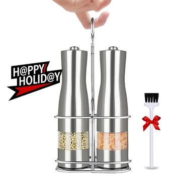 

Electric Pepper Mill 2Pcs Set Stainless Steel Salt and Pepper Grinder with Metal Stand for Kitchen Tools Automatic Spice Mill