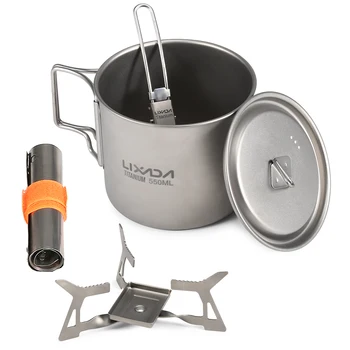 

Lixada 4pcs Camping Titanium Cookware Set 550ml Water Cup Mug Folding Solidified Alcohol Stove Spork Windshield Outdoor Hiking