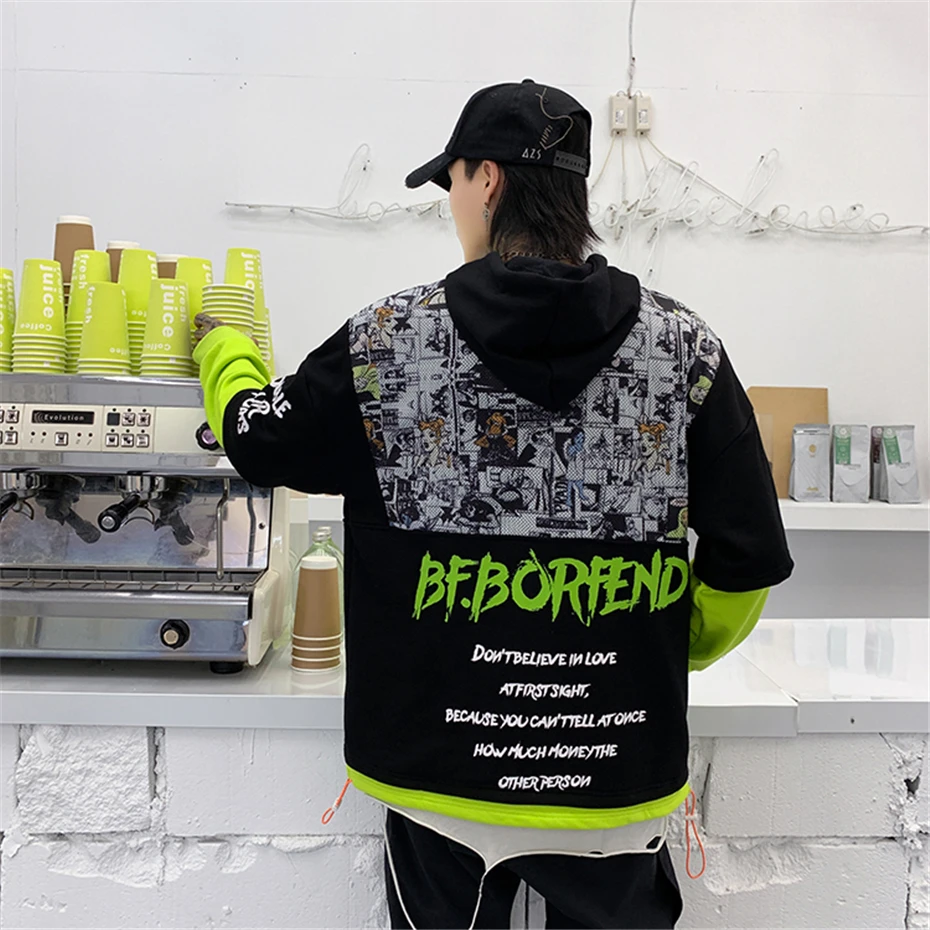 Цветные мужские худи в стиле петчворк Harajuku креативный рисунок свитер с капюшоном Мода хип хоп Уличная WG571
