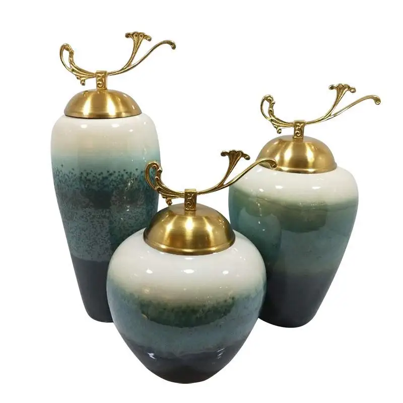 

New Chinese Style Ceramic Crafts Ornament Model Room Television Cabinet Copper Parts Pots Three-piece Set Light Luxury Style