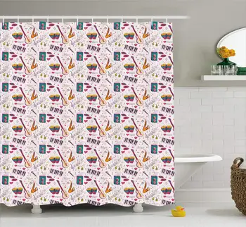 

Drums Speakers Records Shower Curtain, with Hooks Watercolor Decorative Bath Curtain Modern Bathroom, Machine Washable,72 x 84