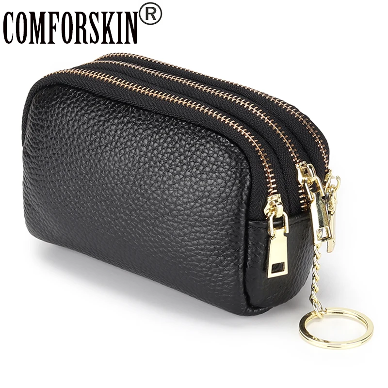 

COMFORSKIN Three Zipper Linings Coin Purse New Arrivals Cowhide Leather Mini Purse For Female Dropshippng Multi-function Purse