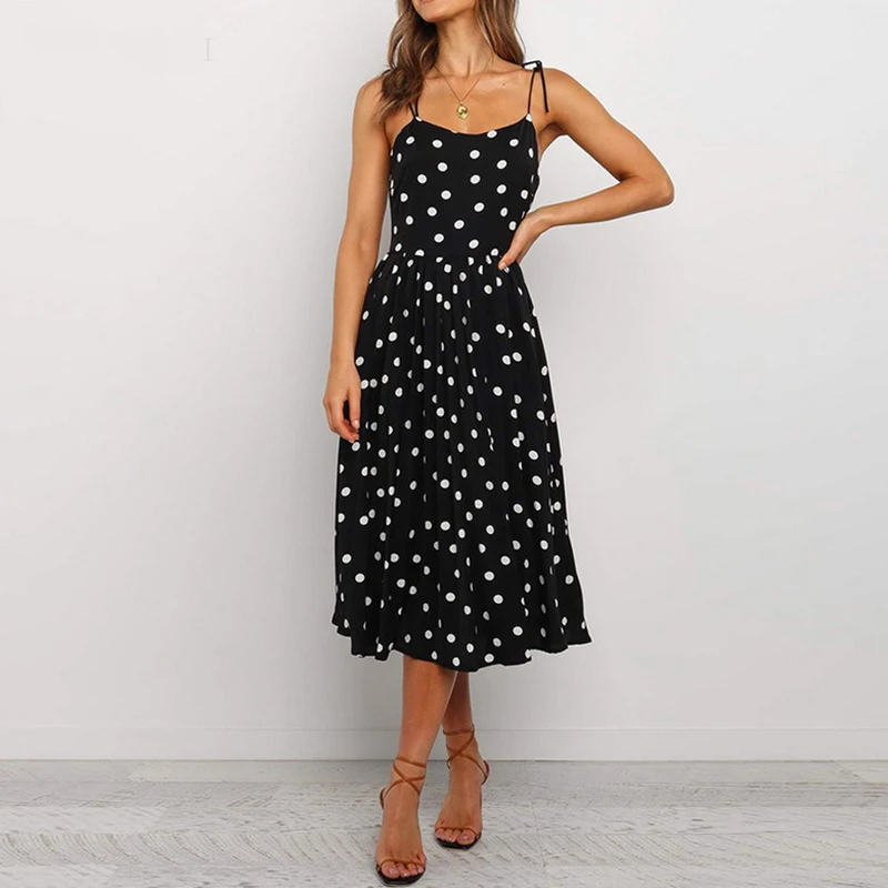 Модное сексуальное женское платье без рукавов принт &quotгорошек&quot лето 2020 черное