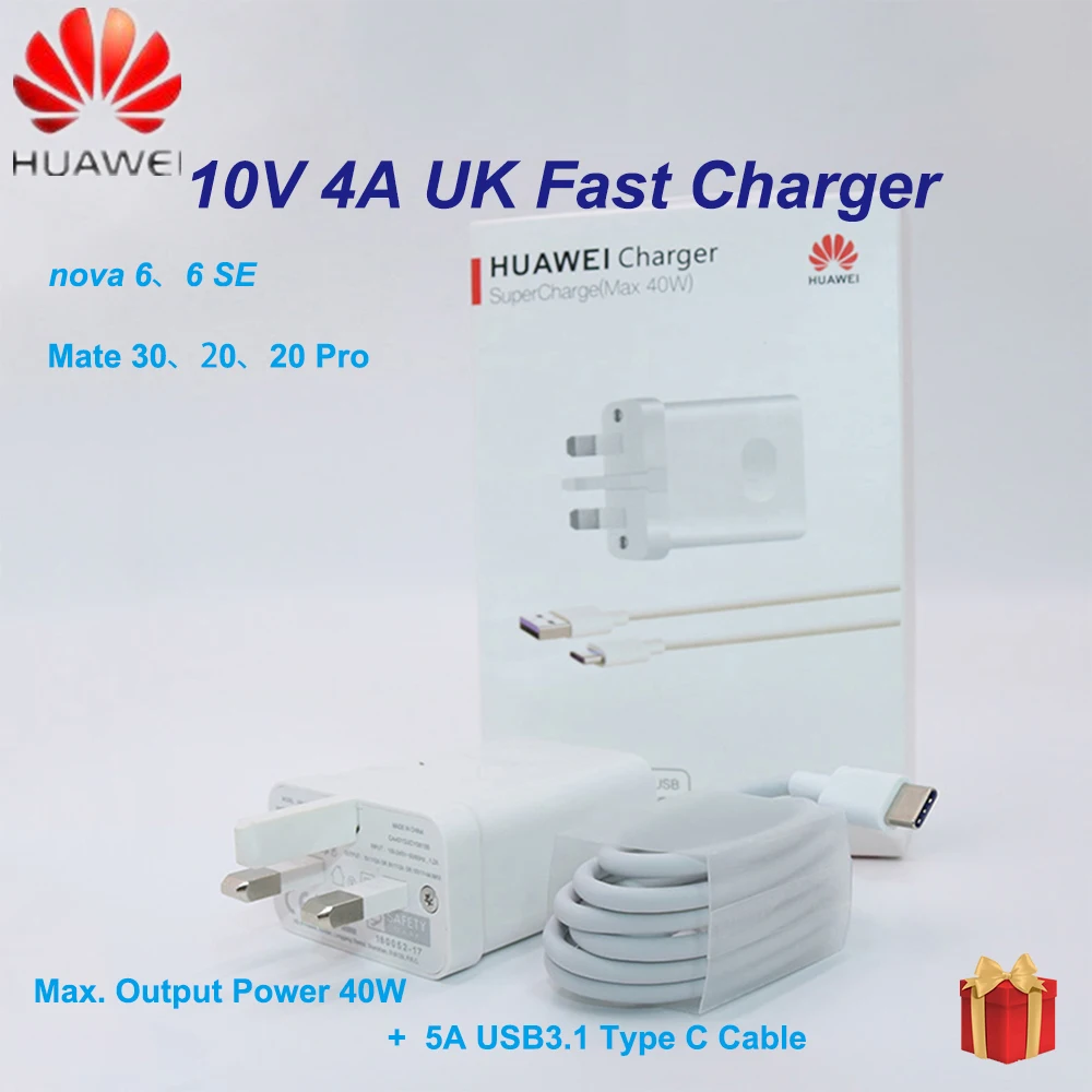 Оригинальный huawei Super 40 Вт UK зарядное устройство адаптер питания 5A USB TYPE-C кабель