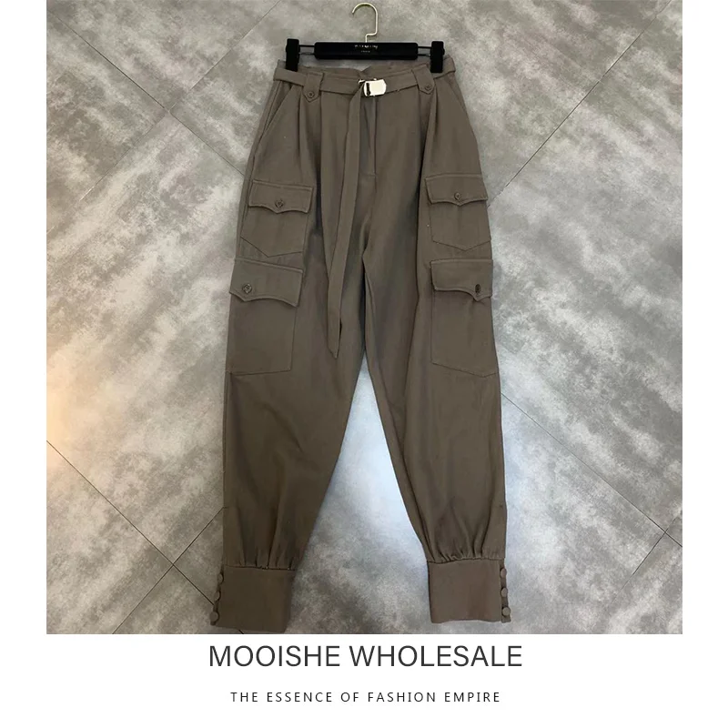 

2019 Early Autumn New Belt Waist Pocket Decoration Closing High Pressure Tooling Casual Pants