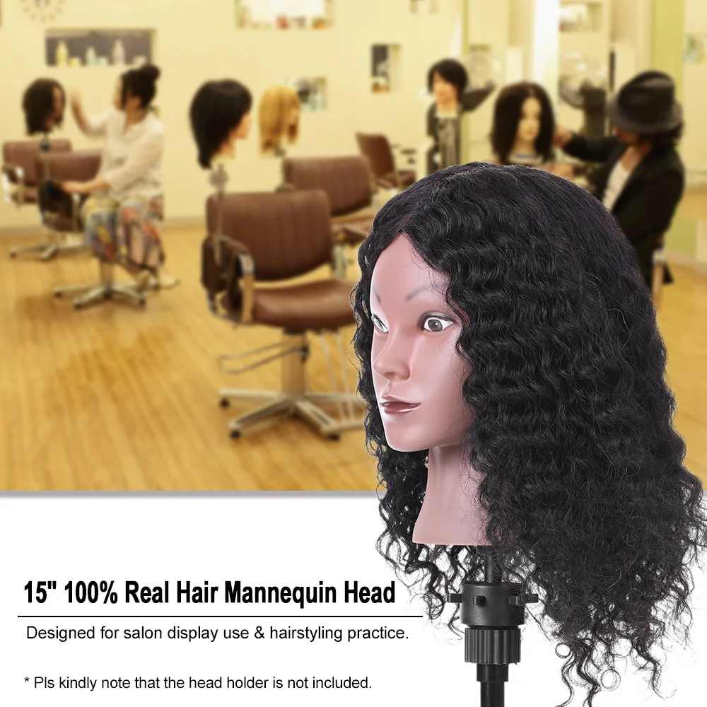 

15" Real Hair Mannequin Head Curly Hair Salon Training Head Cosmetology Mannequin Head Salon Dummy Head Hair Styling Practice