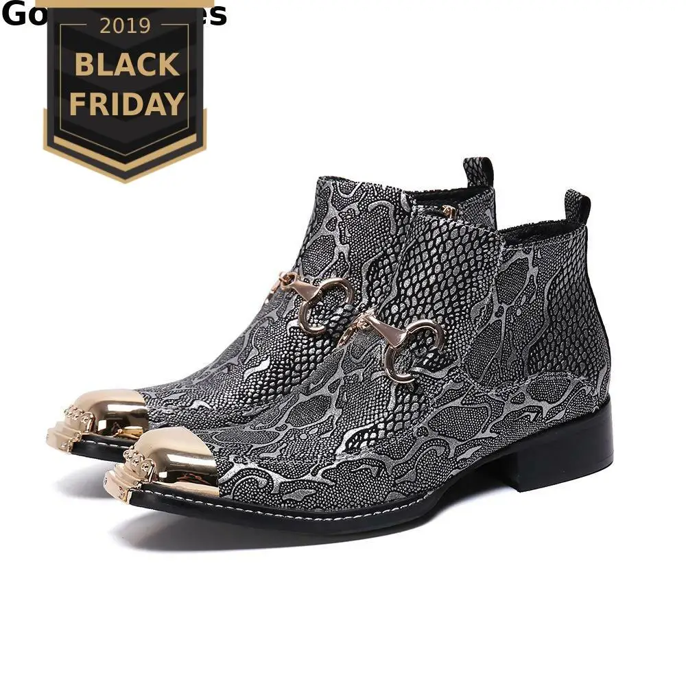 

Gray Snake Skin Pattern Printed Genuine Leather Fashion Men Boots Metal Cap Toe Pointed Side Zipper Slip On Men Ankle Boots