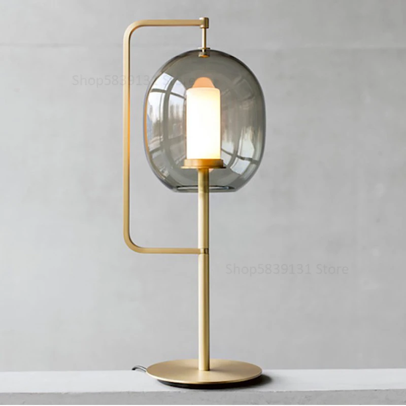 

Grey Glass Lantern Table Lamp Postmodern Designer Simple Bedroom Bedside Lamp Nordic LED Living Room Study Office Light Fixtures