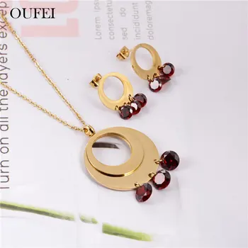 

OUFEI Red Zircon Necklace Earrings Set Charms Stainless Steel Jewelry Sets Fashion Jewellery Accessories Free Shipping