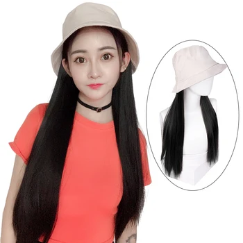 

MANWEI Fisherman's hat Cap Long wig for Women Heat Resistant Fiber Black Hair Wig with Hat Peruca Synthetic Bob Wig