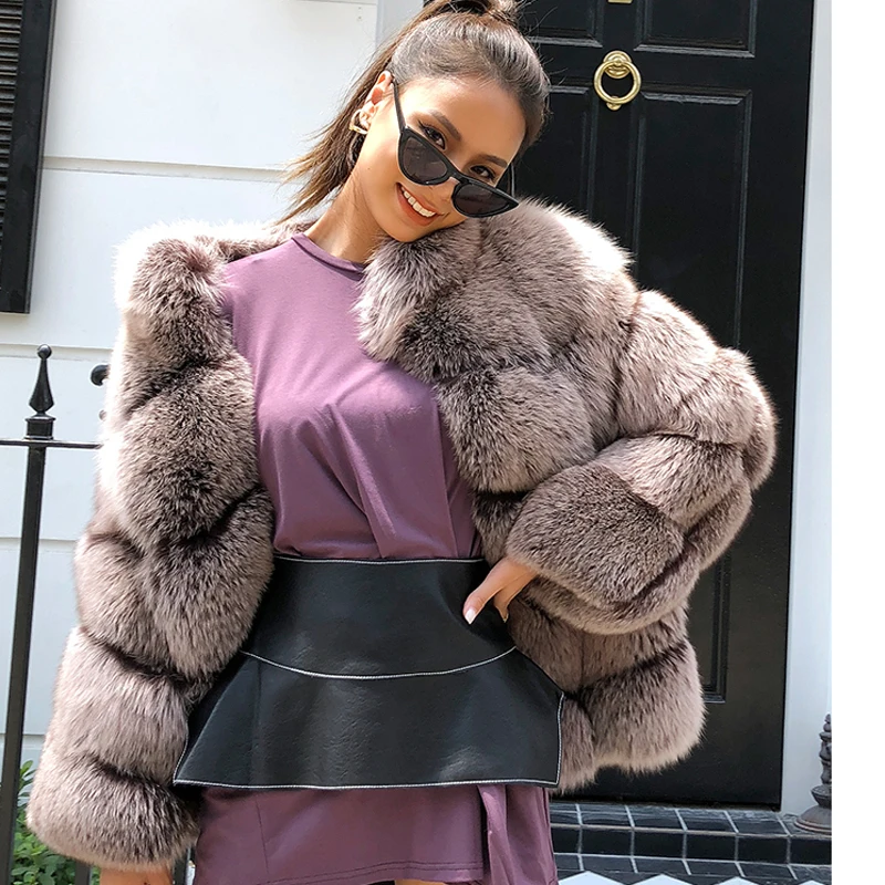

RR Real Fox Fur Coats Women Fashion Full Pelt Genuine Jackets Women Elegant Standing Collar Coats Female Ladies HB