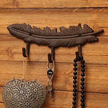 

Retro Cast Iron Feather-shaped Storage Hooks Holders Creative Wall-mounted Behind Door Coat Hat Key Umbrella Towel Bag Organizer