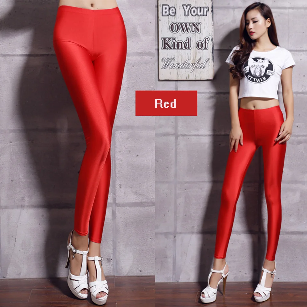 Женские однотонные флуоресцентные Блестящие Брюки леггинсы большого размера из