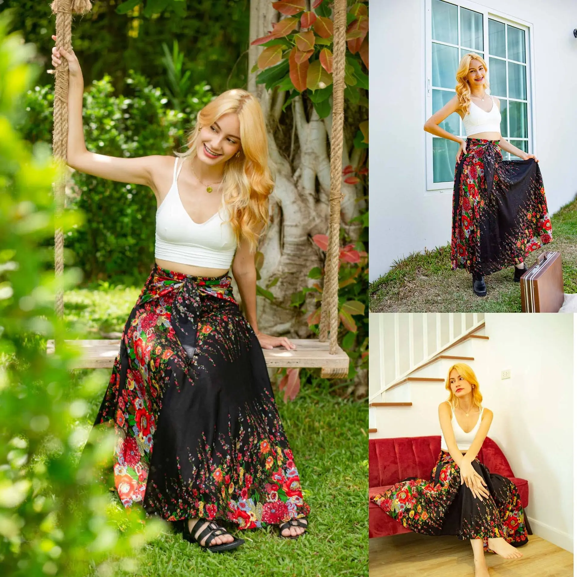 Women Unique Style Bohemian Long Skirt Elastic High Waist Big Hem Tie-Up Skirt For Beach Seaside Vacation Fashionable Charming sheer bathing suit cover up