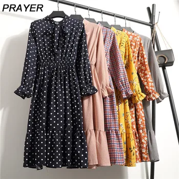 

Women 2020 Korean Dress Autumn Casual Lady Vintage Floral Printed Chiffon Shirt Dress Summer Long Sleeve Bow Midi Dress Vestido