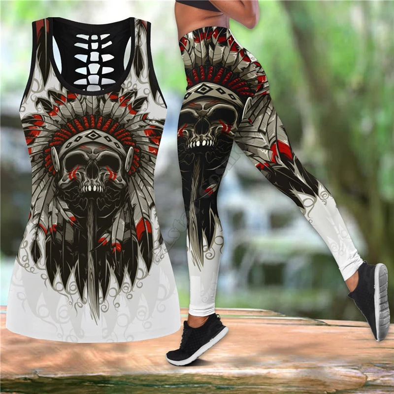 kleuring Dominant Voetzool Skull Native Combo Outfit Leggings And Hollow Out Tank Top Suit Yoga  Fitness Soft Legging Summer Women For Girl 02 - Tanks & Camis - AliExpress