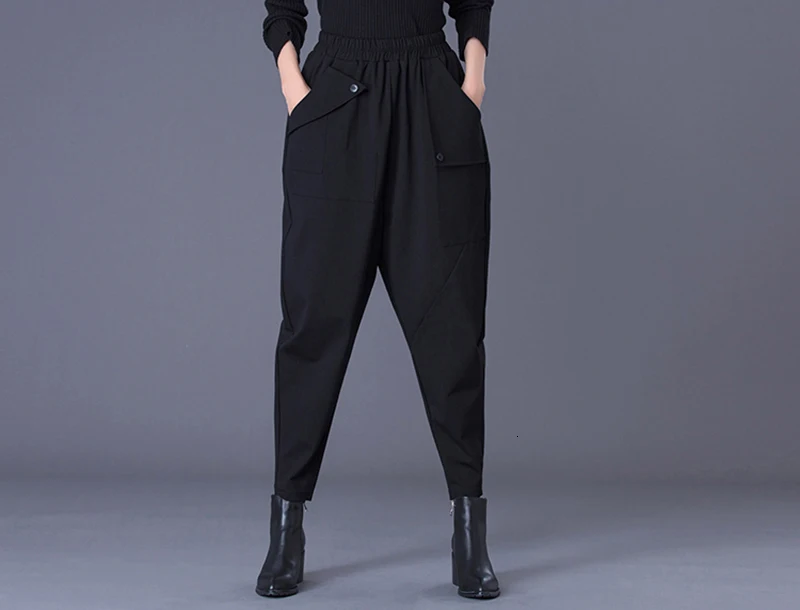 [EAM] Черные длинные штаны-шаровары с карманами и высокой эластичной талией, новинка, свободные брюки для женщин, модные весенне-осенние штаны, 1K781