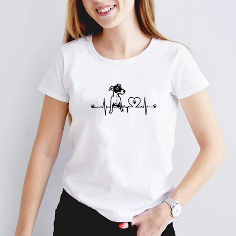 Jack Russell Heartbeat Funny Print Summer T-shirt Women O-neck Cotton Short Sleeve Shirt Top Loose Femme White | Женская одежда