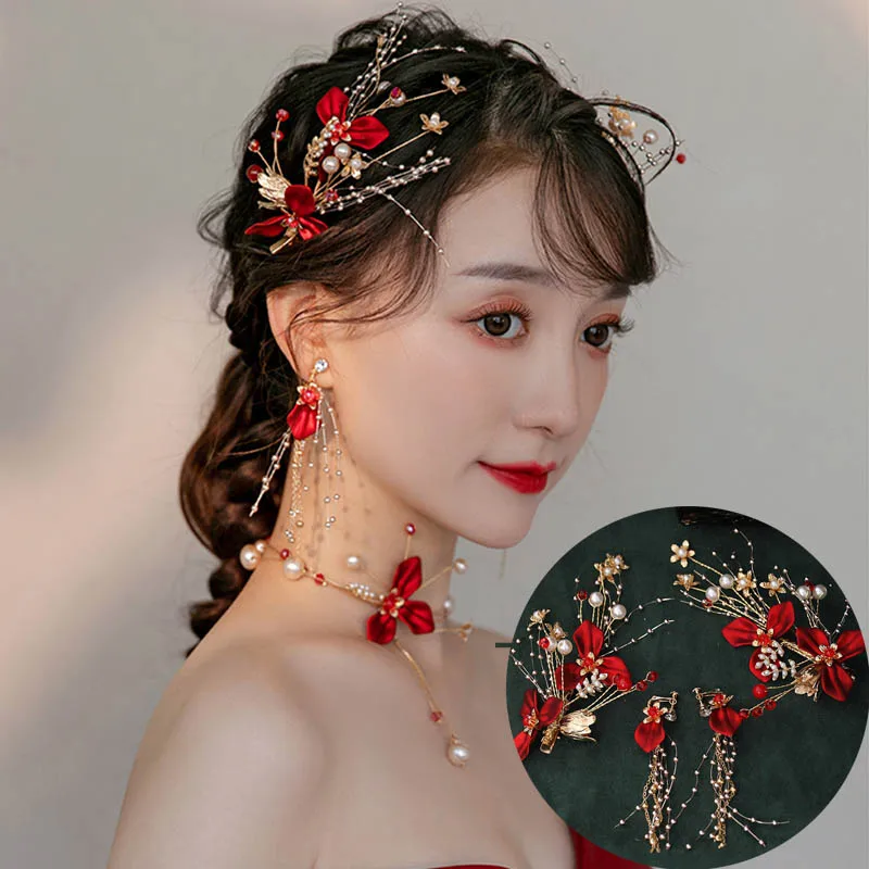 Forseven Vintage Chinese Style Hair Clip Set Red Hair Pin