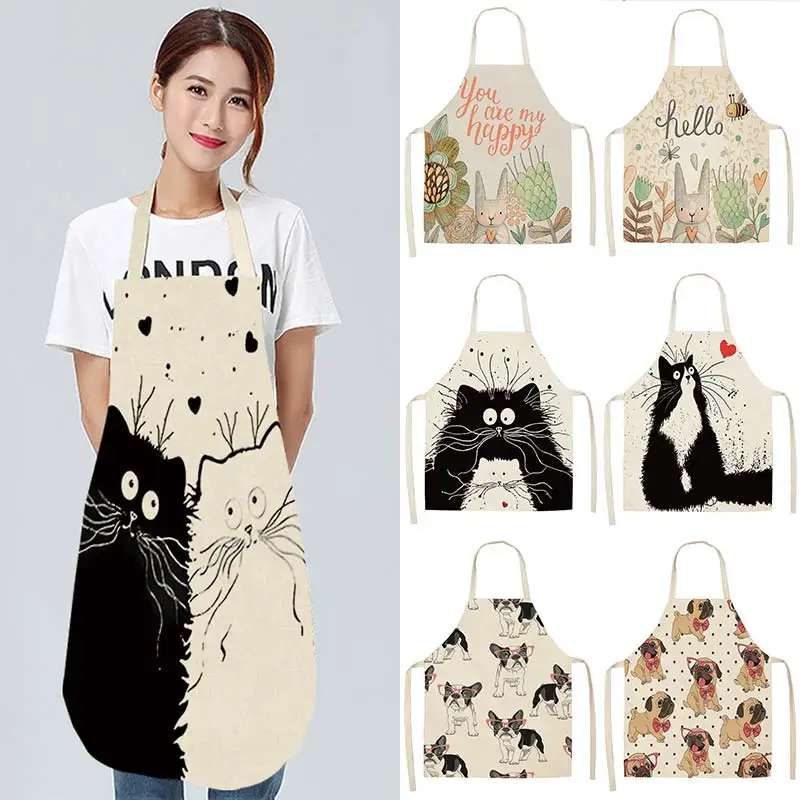 

Cotton Linen Cartoon Apron Men Women Kitchen Bulldog Popular 1PC 2 Size High Quality Cat Printed Cleaning Tools Sleeveless