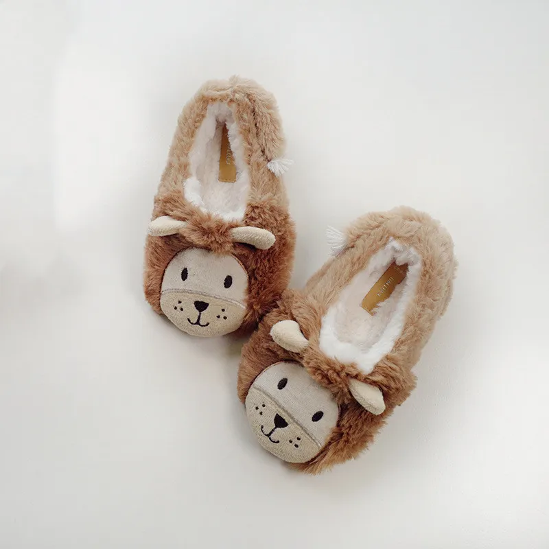 Suihyung Cute Animal Slippers Kids Winter Warm Home Slippers Children Soft Non-slip Indoor Floor Shoes Furry Lion Plush Slippers