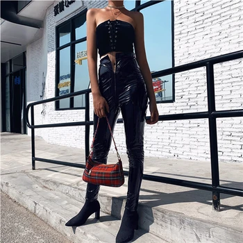 

Women Pu Leather Pant Gothic Punk Wet Look Black Pencil Pants Vintage Zipper Long Trousers Sexy Party Club Streetwear New