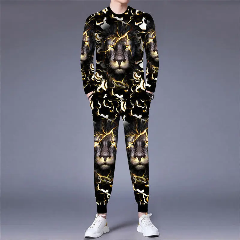 

Мужской костюм с длинными рукавами, повседневный костюм из 2-х предметов с 3D-принтом льва, спортивная одежда большого размера в китайском стиле, тренд на осень 2021
