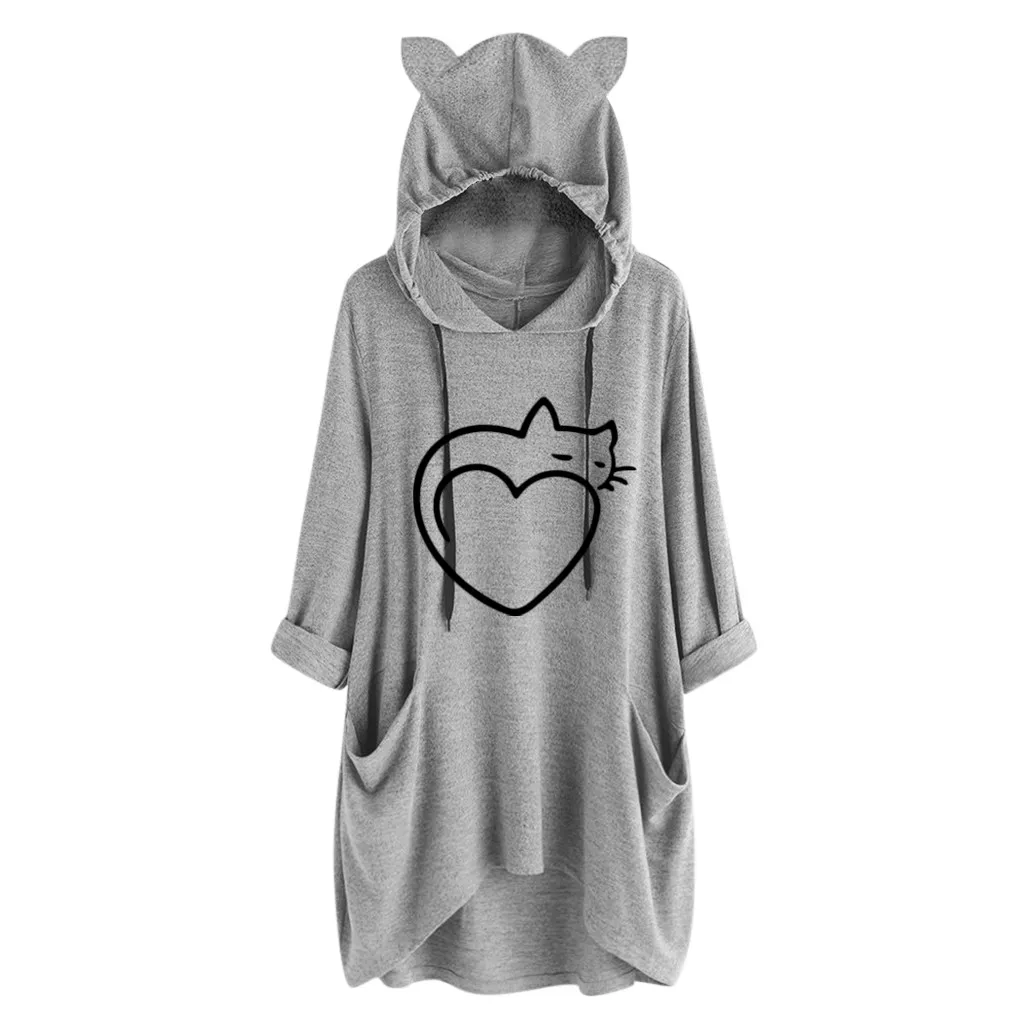 Kawaii, женские толстовки с длинным рукавом и кошачьими ушками, для девочек, с принтом кота, негабаритный спортивный костюм, Женская Осенняя пуловерная толстовка, блузка, топы