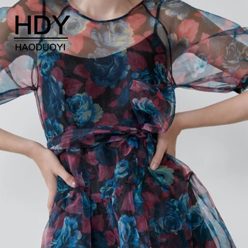 

HAODUOYI 2020 New Arrival Floral Printing Lantern Sleeve Empire Waistline With Sashes Asymmetrical Women Plus Size Dress