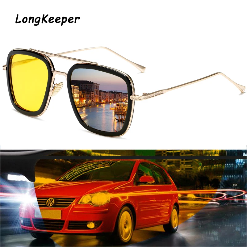 Longkeperer классические солнцезащитные очки ночного видения для мужчин Tony Stark с металлической эмблемой Железного человека Goggle Для Женщин вождения пилот Квадратные Солнцезащитные очки UV400