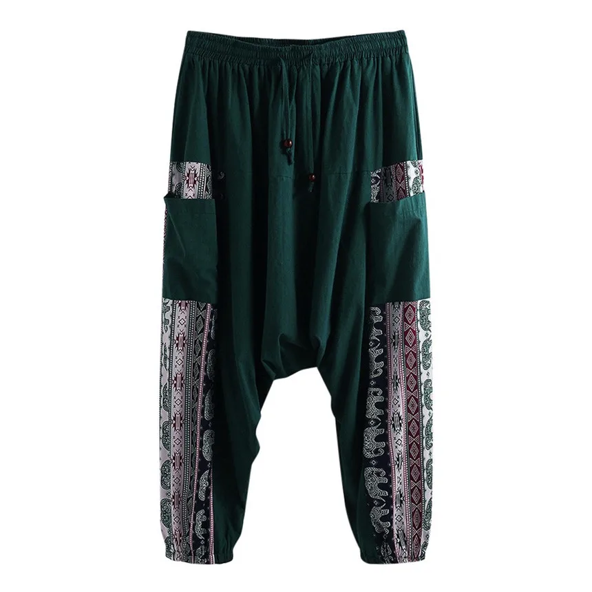 Green KLV, Мужские штаны, модные повседневные штаны, винтажные штаны в этническом стиле, свободные хлопковые льняные брюки с принтом, лоскутные штаны-фонарики - Цвет: Green