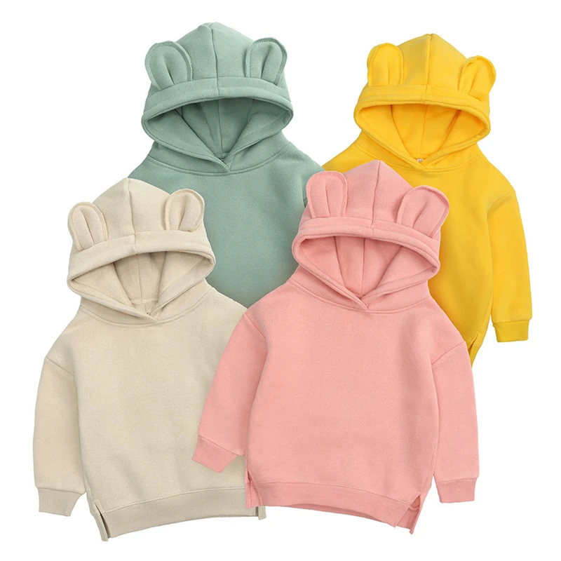 

Children Boys Girls Coat 2023 Winter New Fashion Solid Color Plus Velvet Thickening Warm Bear Ears Pullover Shirt Kids Outerwear