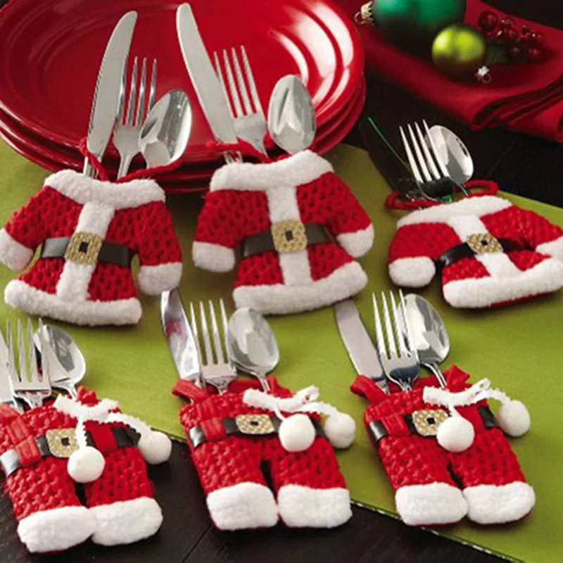 

6x Santa Suit Christmas Cutlery holder tableware Silverware bag Decorations